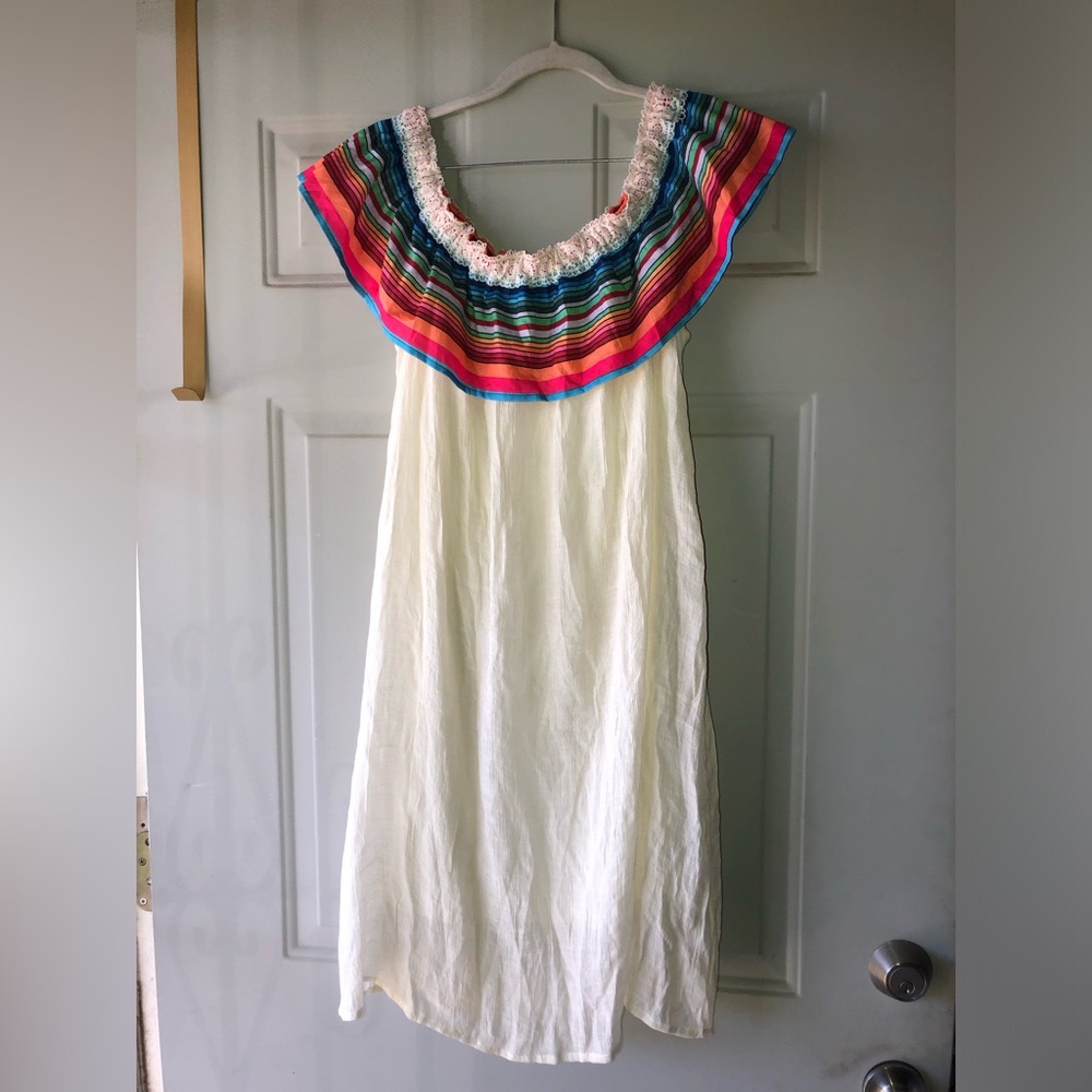 Cupshe White Swim Coverup with Multicolor Striped Off-Shoulder Yoke